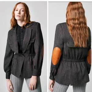 SMYTHE Canada “The Spencer” Grey Herringbone Wool Jacket with Leather Patches